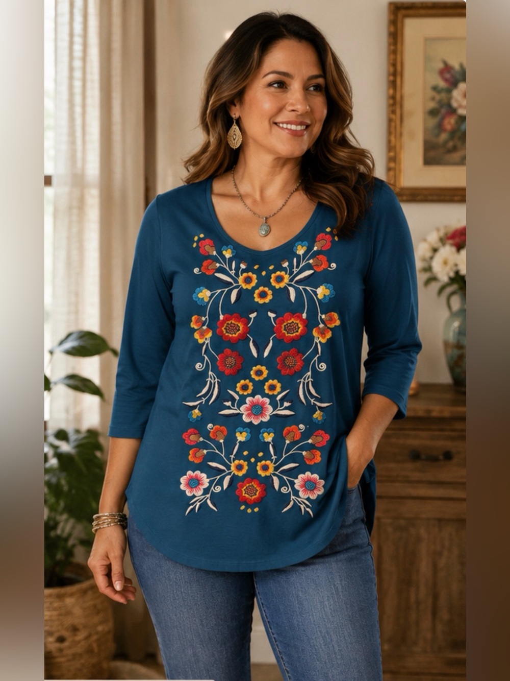 Johnny Was JW Los Angeles Embroidered‎ Floral Teal 3/4 Sleeve Knit Top S